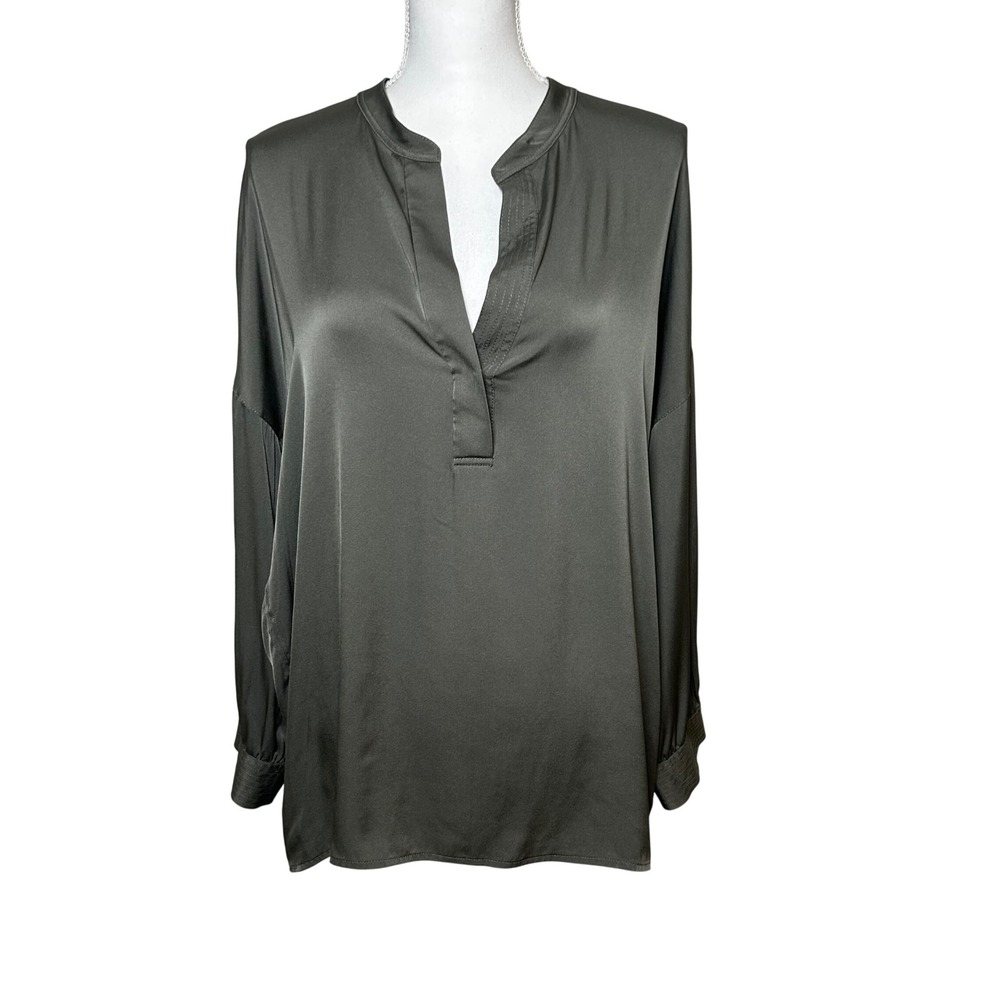Vince Women Shirred Drape Pullover Blouse Olive Green Silk Satin Pleated Back L